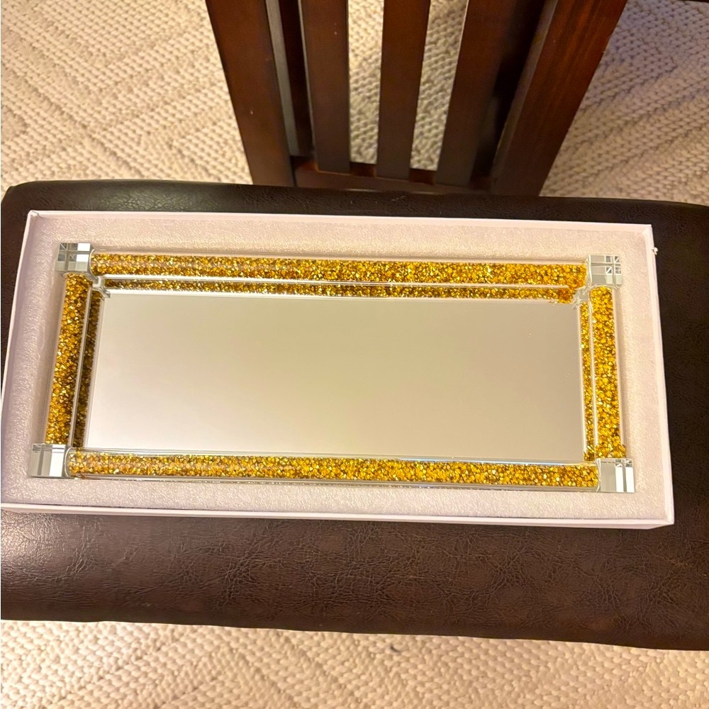 NWT Crystal Glass Tray, Mirror Vanity Tray, Golden Decor Tray Size 34cm X 14 cm - Picture 8 of 16